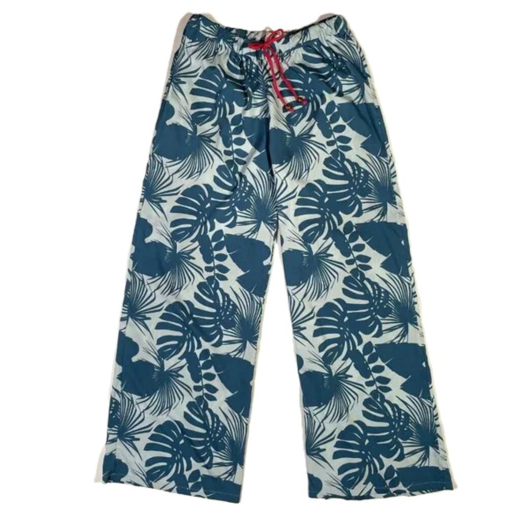 Quagga Green Label Tropical Print Lounge Pants Teal Wide Leg High Rise Size M